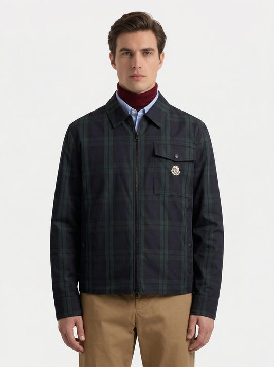 Moncler checked gabardine shirt jacket in black, model front — The Quiet Edition