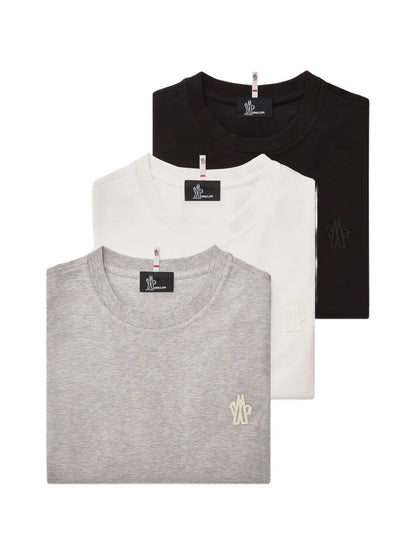 Moncler Grenoble Logo T-Shirt Set of Three in Grey/White/Black, front — The Quiet Edition