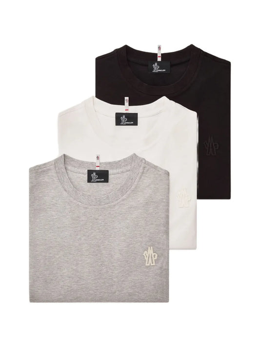Moncler Grenoble Logo T-Shirt Set of Three in Grey/White/Black, front — The Quiet Edition
