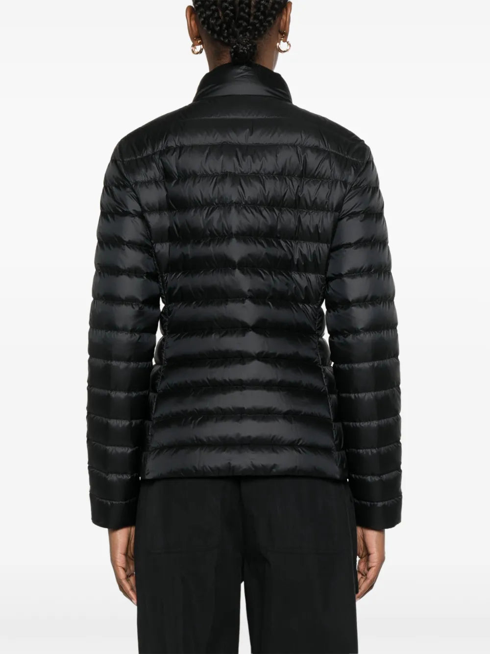 Moncler Igelle Quilted Down Jacket in black, worn back view | The Quiet Edition