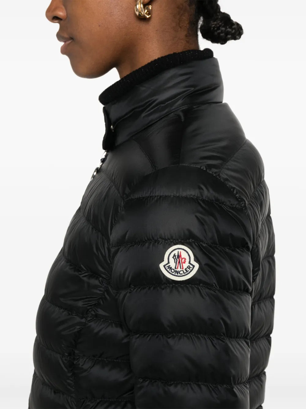 Moncler Igelle Quilted Down Jacket in black, sleeve logo patch detail | The Quiet Edition