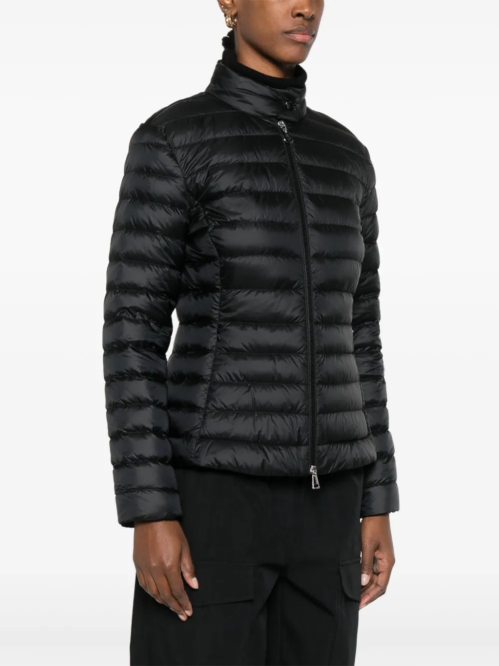 Moncler Igelle Quilted Down Jacket in black, worn three-quarter angle view | The Quiet Edition
