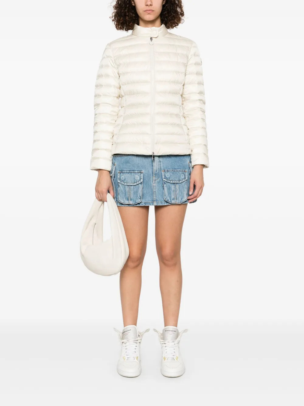 Moncler Igelle Quilted Down Jacket in white, worn full-length view | The Quiet Edition