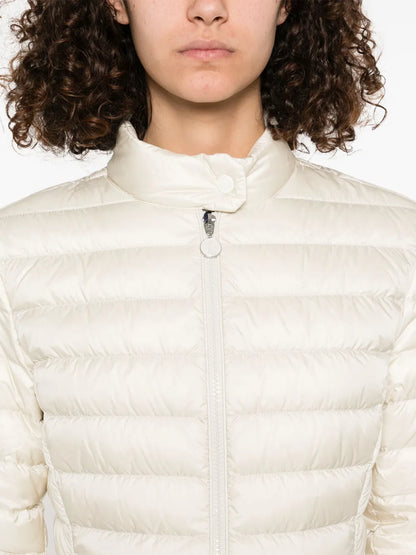 Moncler Igelle Quilted Down Jacket in white, collar and zip detail | The Quiet Edition