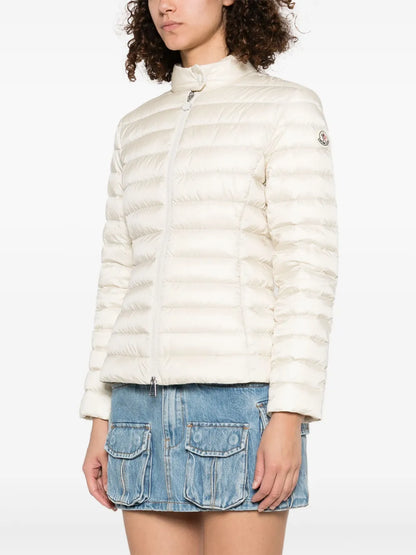 Moncler Igelle Quilted Down Jacket in white, worn three-quarter angle view | The Quiet Edition