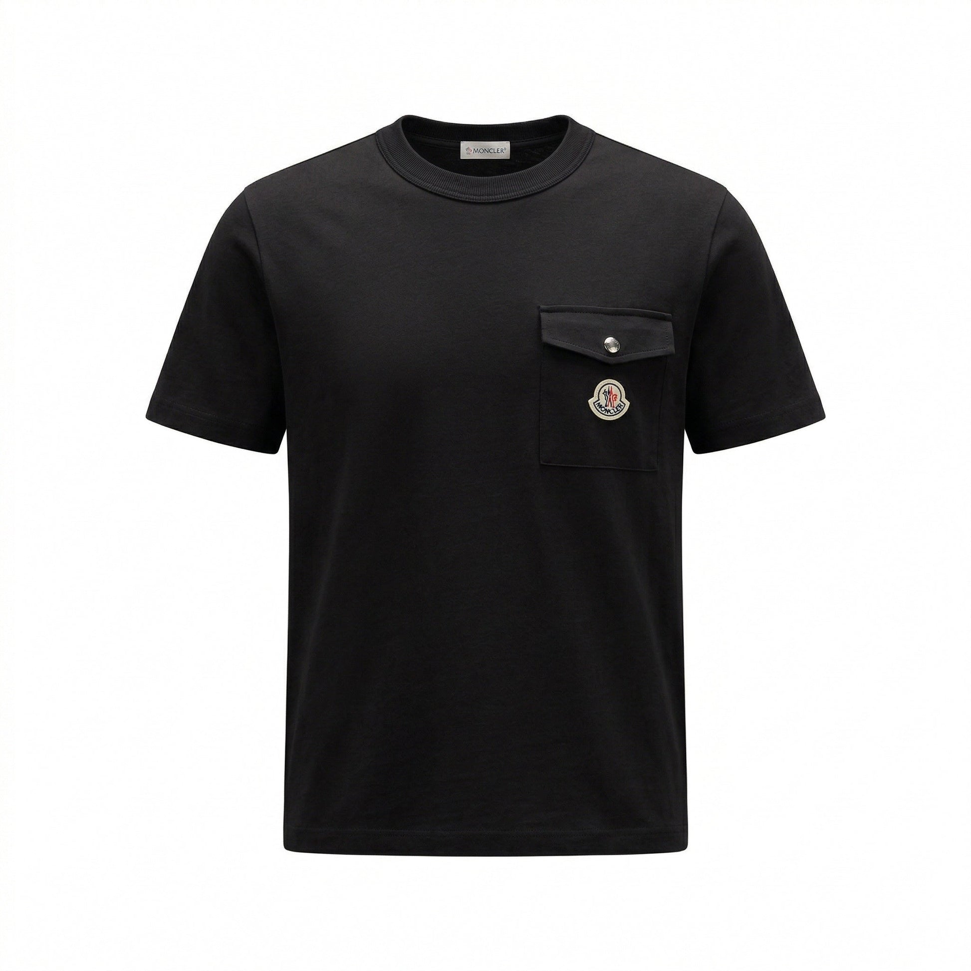 Moncler logo patch pocket t-shirt in black, front view — The Quiet Edition