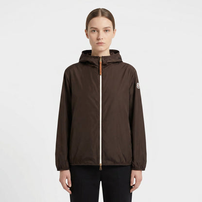 Moncler Women's Brown Fegeos Blouson Jacket in Brown, model front — The Quiet Edition