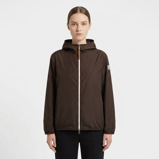 Moncler Women's Brown Fegeos Blouson Jacket in Brown, model front — The Quiet Edition