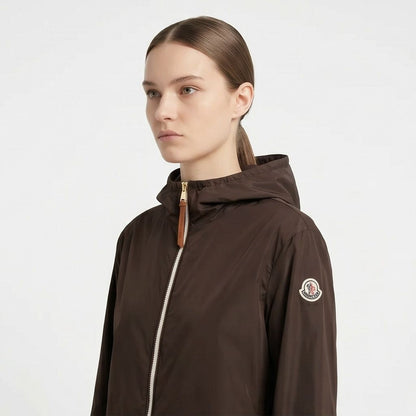 Moncler Women's Brown Fegeos Blouson Jacket in Brown, model side — The Quiet Edition