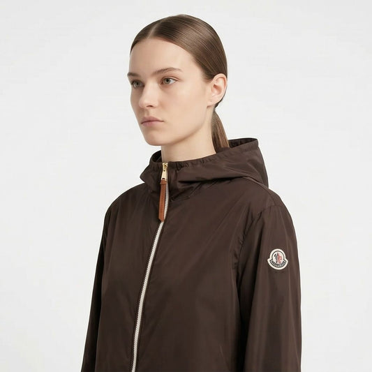 Moncler Women's Brown Fegeos Blouson Jacket in Brown, model side — The Quiet Edition