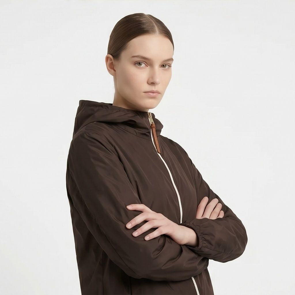 Moncler Women's Brown Fegeos Blouson Jacket in Brown, model side — The Quiet Edition