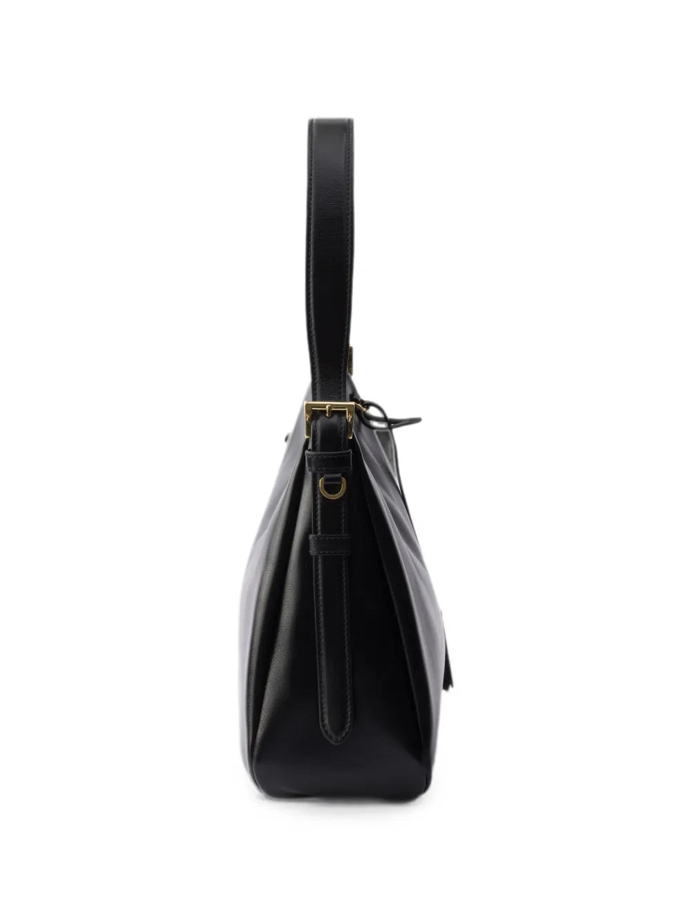 Prada Aimée Medium Leather Shoulder Bag in Black, angle — The Quiet Edition