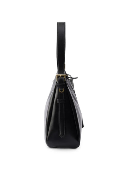 Prada Aimée Medium Leather Shoulder Bag in Black, angle — The Quiet Edition