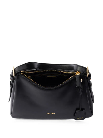 Prada Aimée Medium Leather Shoulder Bag in Black, back — The Quiet Edition