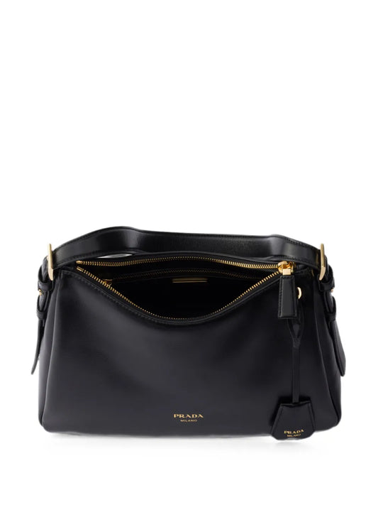 Prada Aimée Medium Leather Shoulder Bag in Black, back — The Quiet Edition
