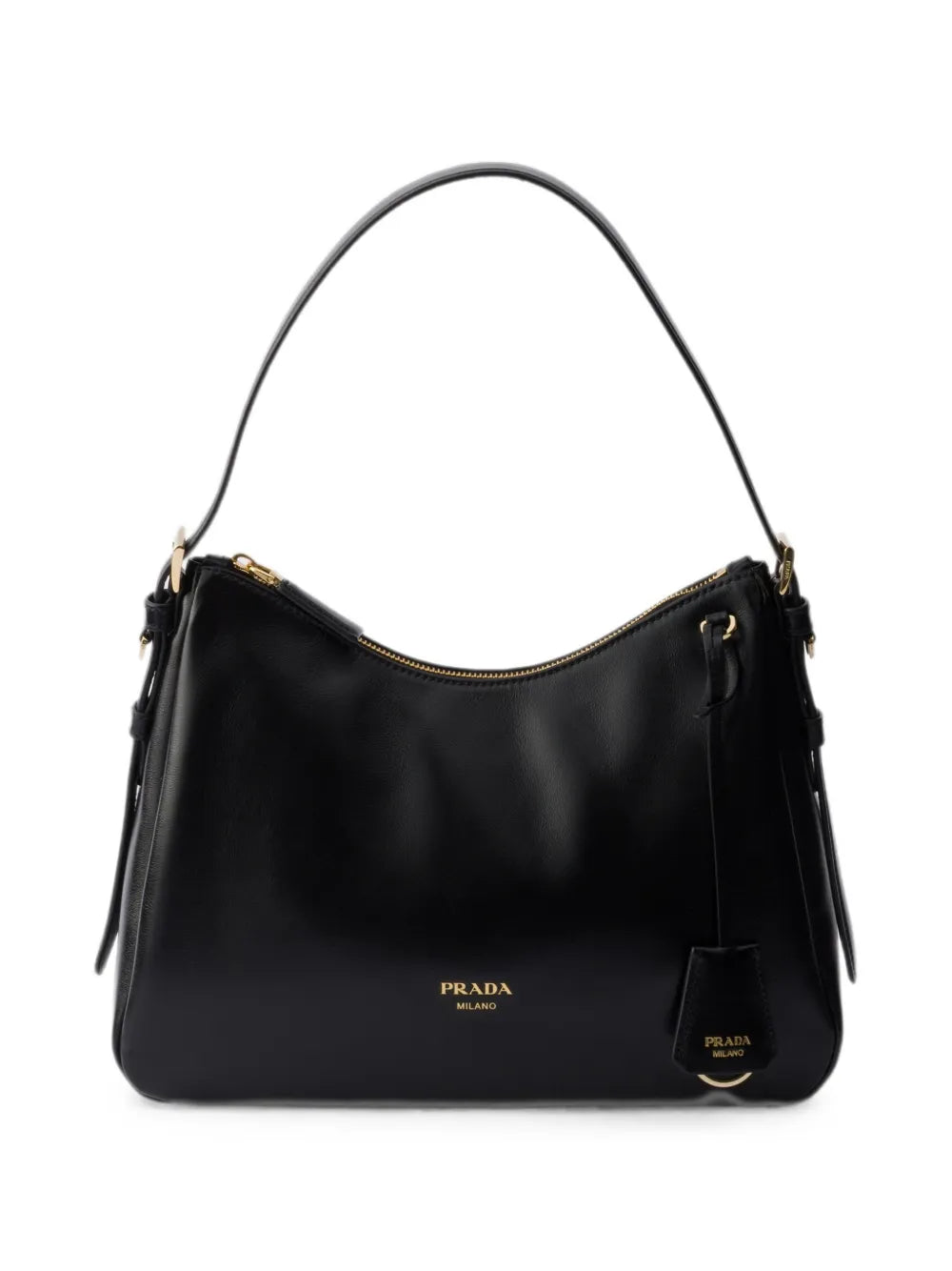 Prada Aimée Medium Leather Shoulder Bag in Black, front — The Quiet Edition