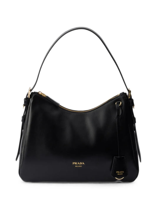 Prada Aimée Medium Leather Shoulder Bag in Black, front — The Quiet Edition