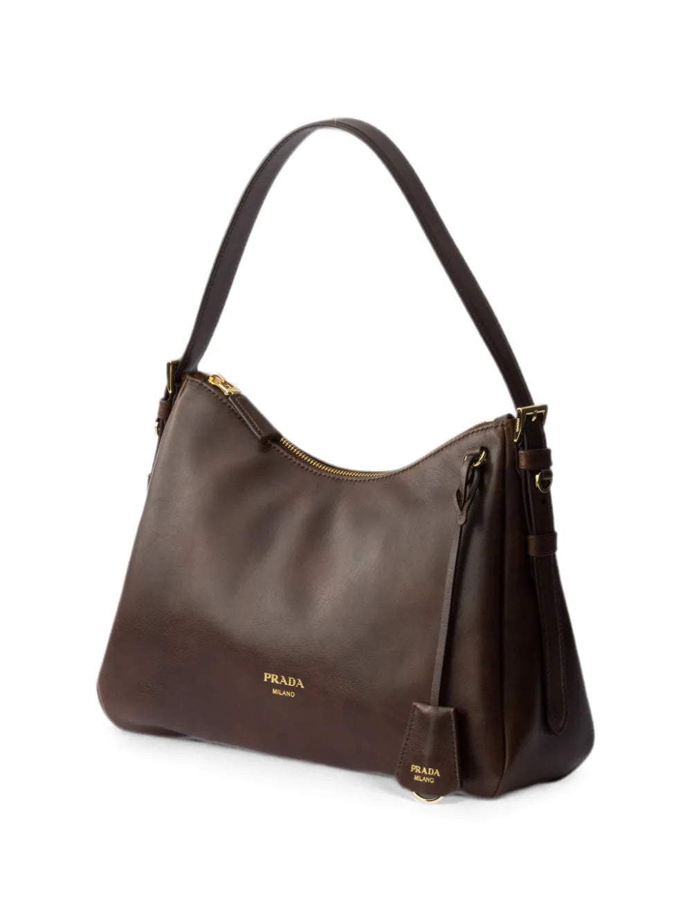 Prada Aimée Medium Leather Shoulder Bag in Brown, angle — The Quiet Edition