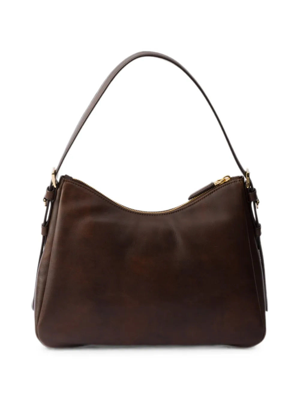 Prada Aimée Medium Leather Shoulder Bag in Brown, back — The Quiet Edition