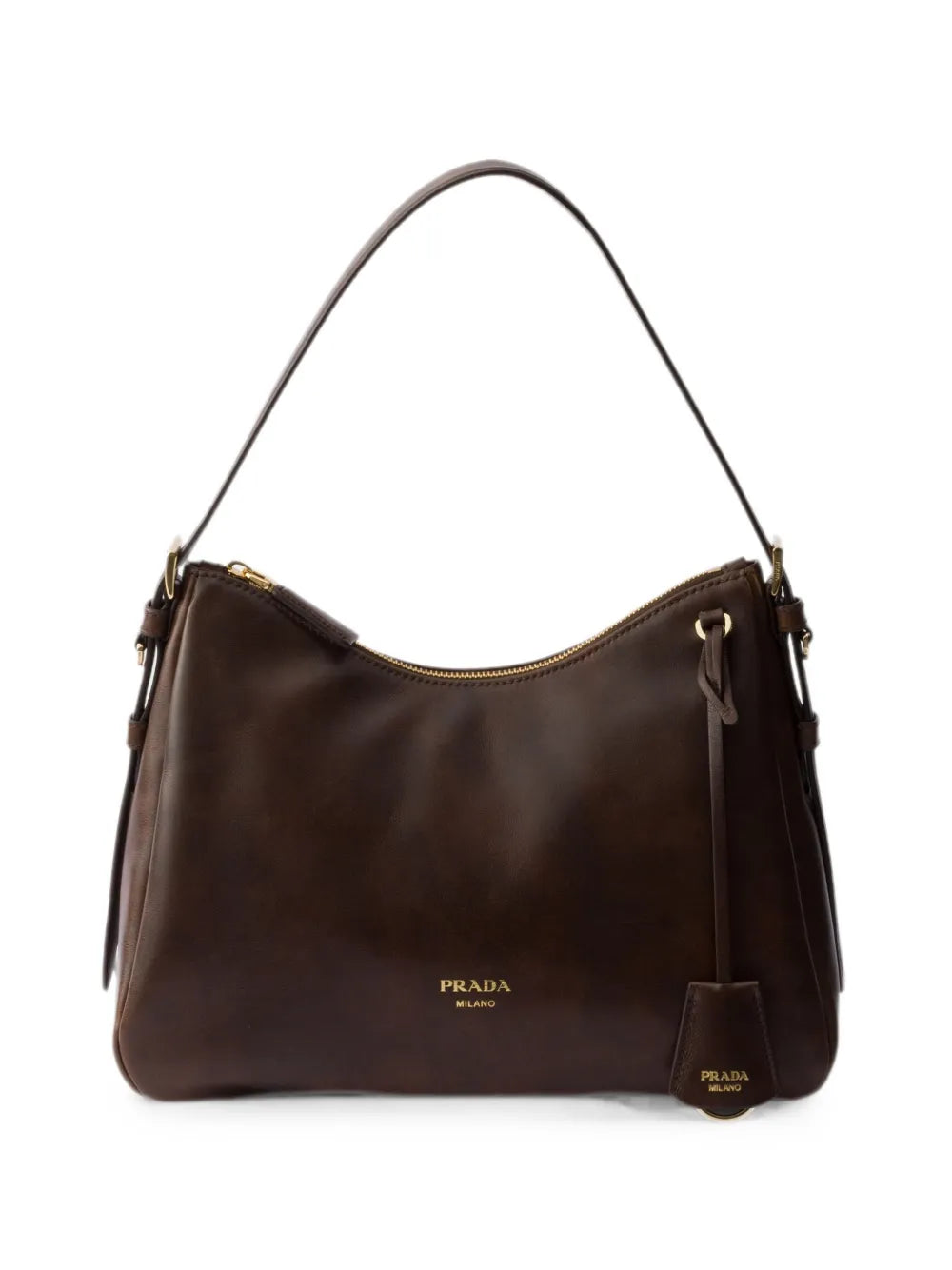 Prada Aimée Medium Leather Shoulder Bag in Brown, front — The Quiet Edition