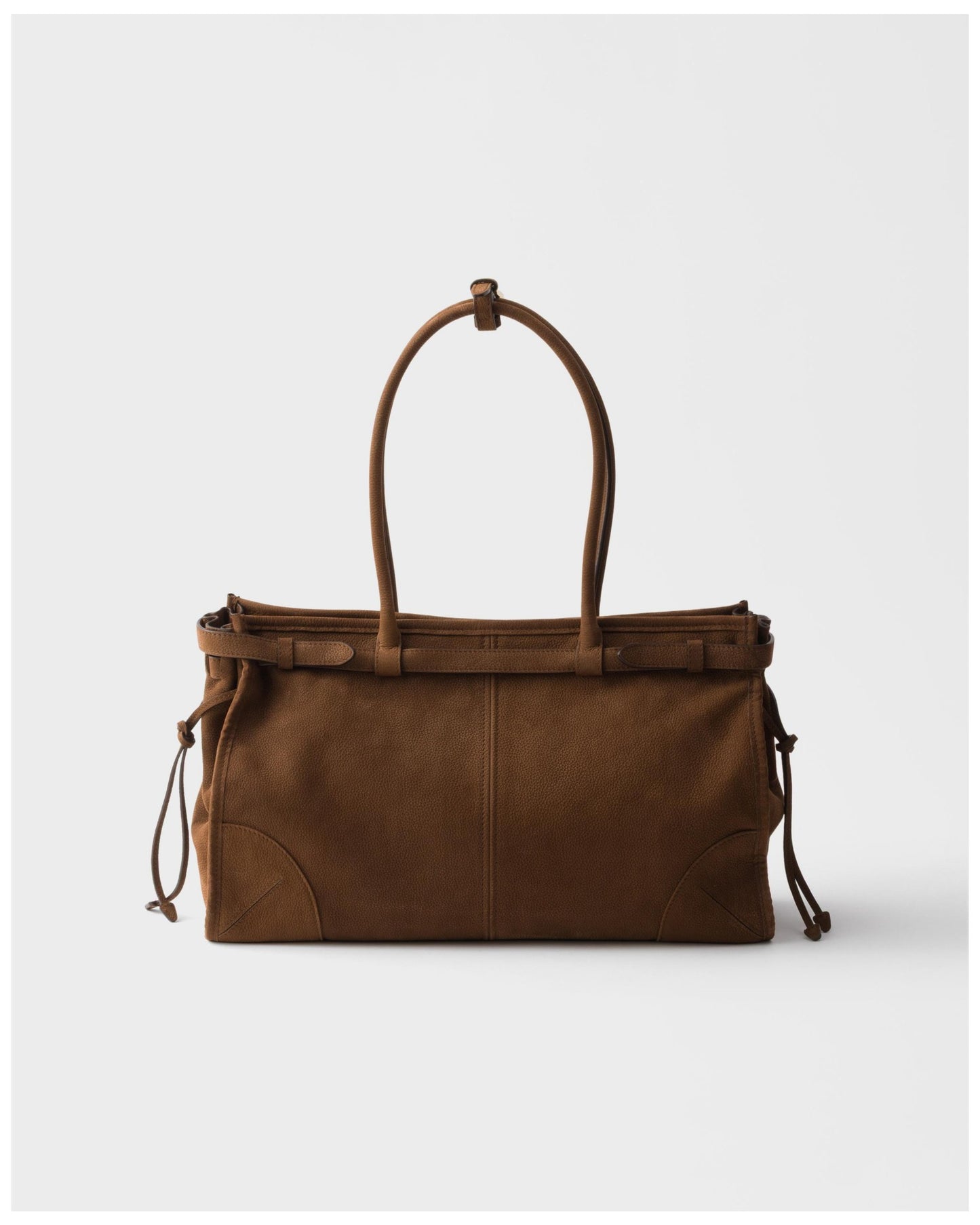 Prada Bonnie Large Suede Shoulder Bag in Cocoa Brown, angle — The Quiet Edition
