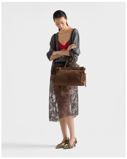 Prada Bonnie Large Suede Shoulder Bag in Cocoa Brown, back — The Quiet Edition
