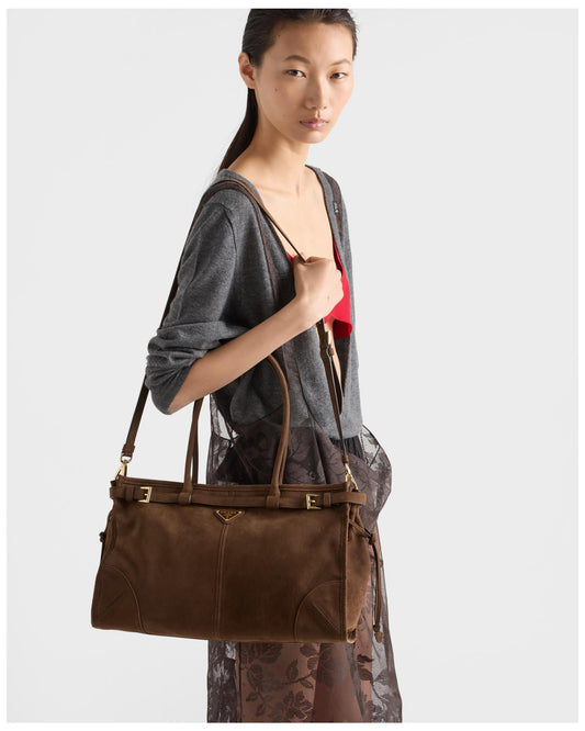 Prada Bonnie Large Suede Shoulder Bag in Cocoa Brown, detail — The Quiet Edition