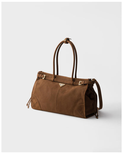 Prada Bonnie Large Suede Shoulder Bag in Cocoa Brown, side — The Quiet Edition