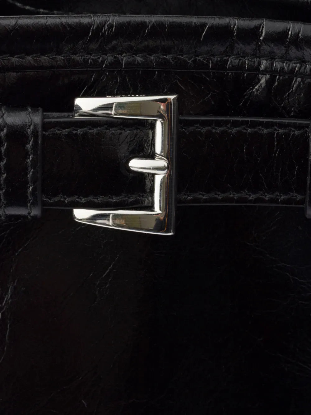 Prada Bonnie Leather Shoulder Bag in Black, belt buckle detail — The Quiet Edition