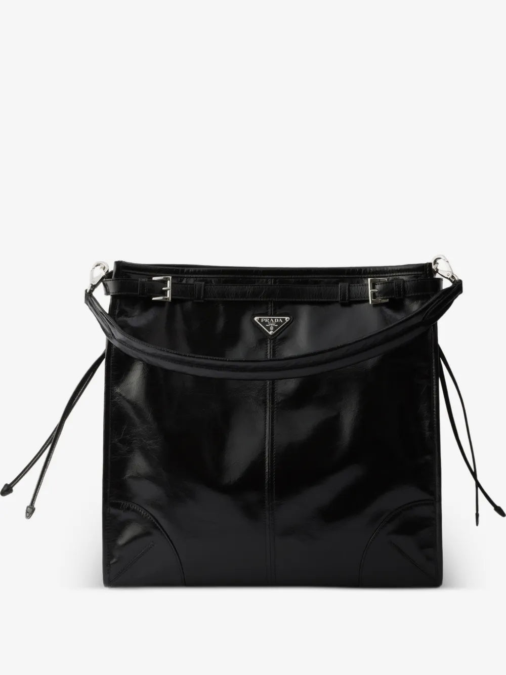 Prada Bonnie Leather Shoulder Bag in Black, front view with handle — The Quiet Edition