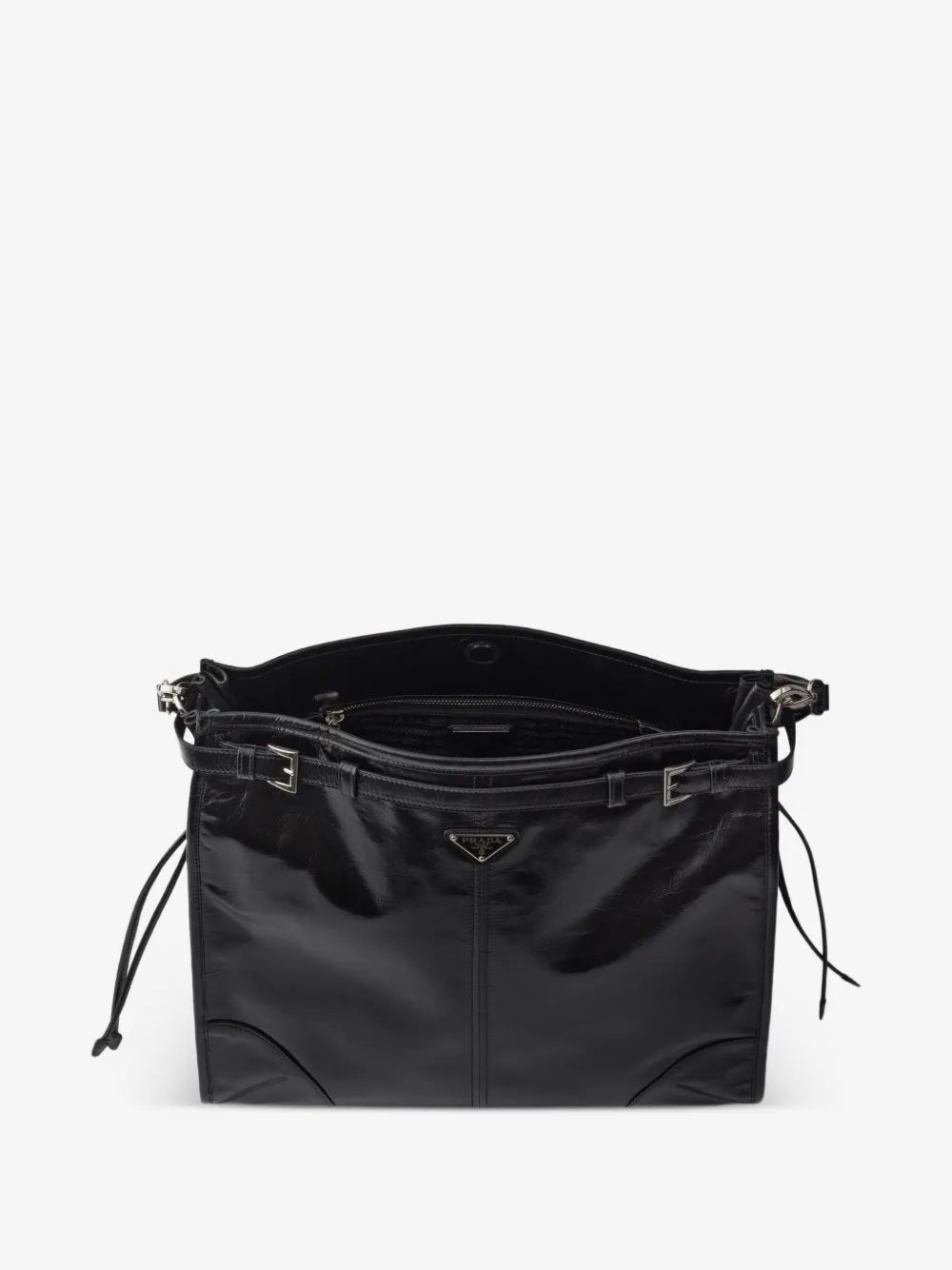 Prada Bonnie Leather Shoulder Bag in Black, open top view showing the interior — The Quiet Edition