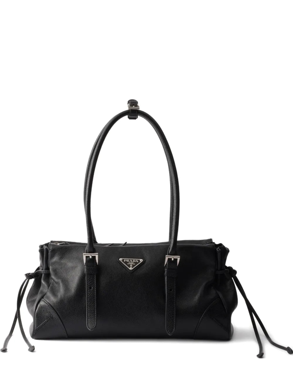 Prada Bonnie Medium Antiqued Leather Tote Bag in Black, front — The Quiet Edition
