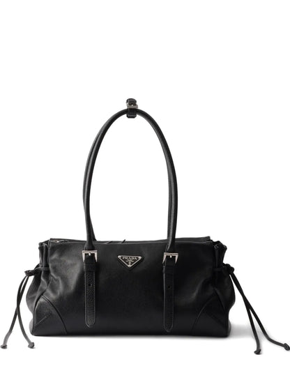 Prada Bonnie Medium Antiqued Leather Tote Bag in Black, front — The Quiet Edition