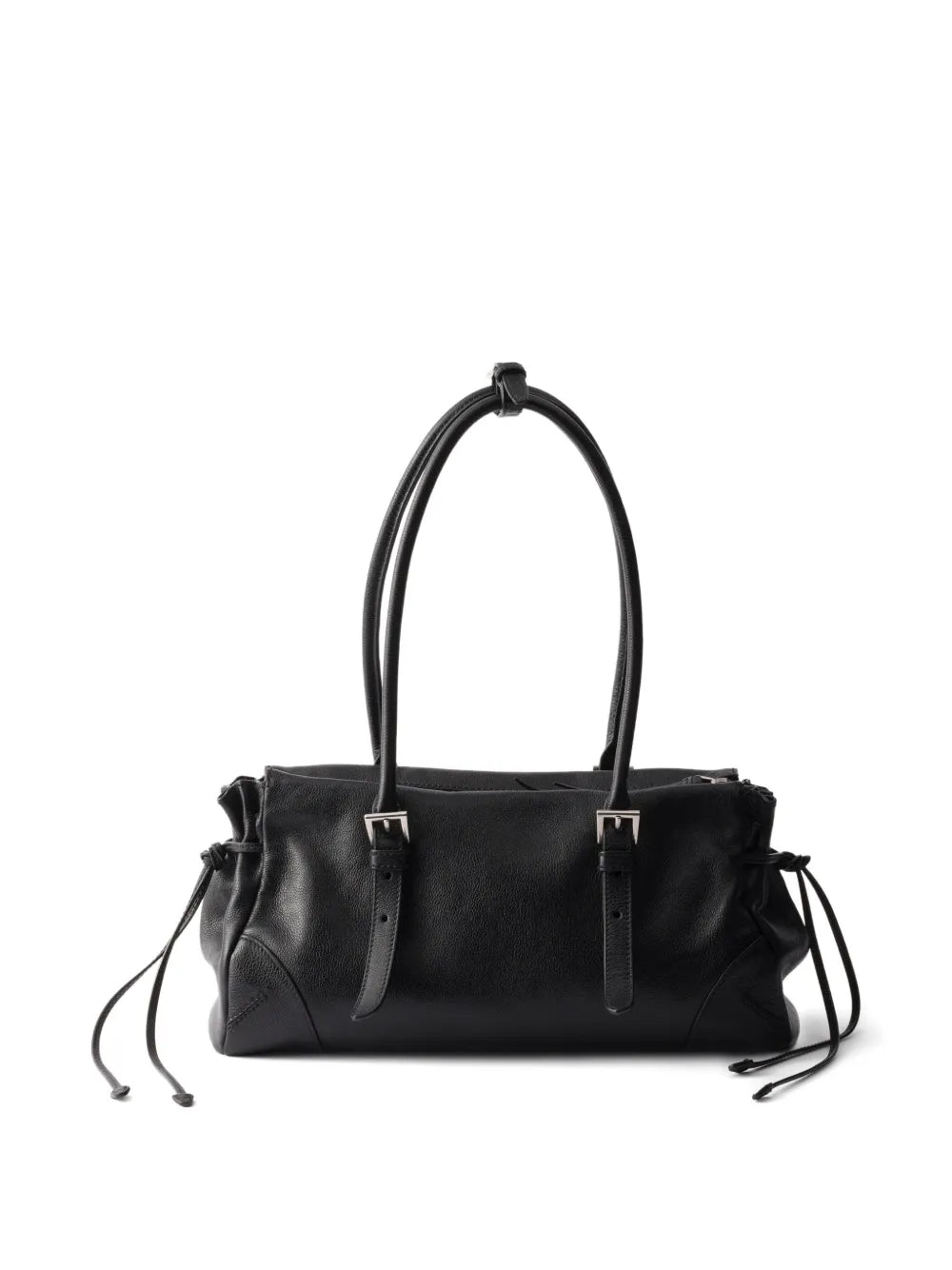 Prada Bonnie Medium Antiqued Leather Tote Bag in Black, side — The Quiet Edition