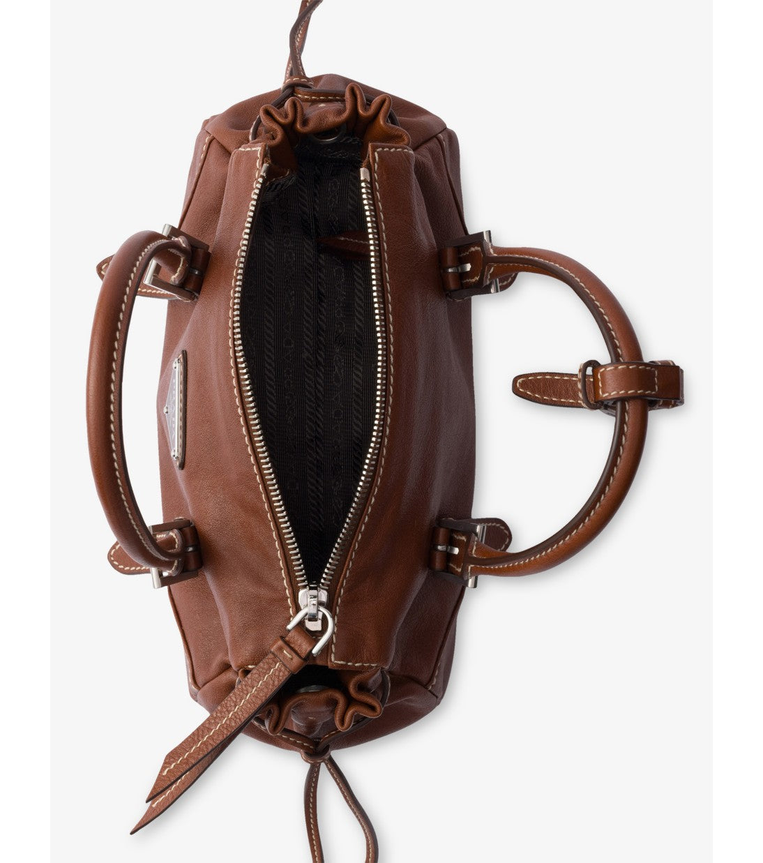 Prada Bonnie Small Leather Shoulder Bag in Brown, angle — The Quiet Edition