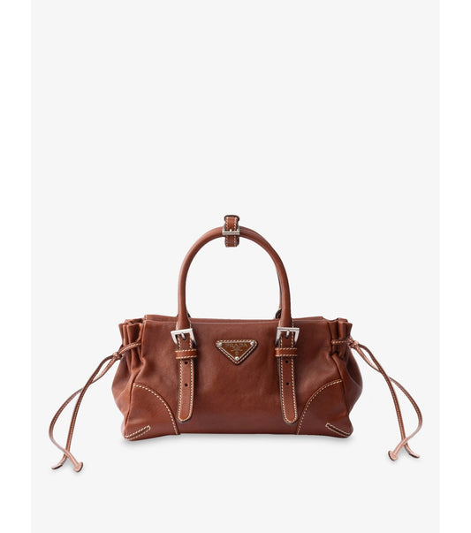 Prada Bonnie Small Leather Shoulder Bag in Brown, front — The Quiet Edition