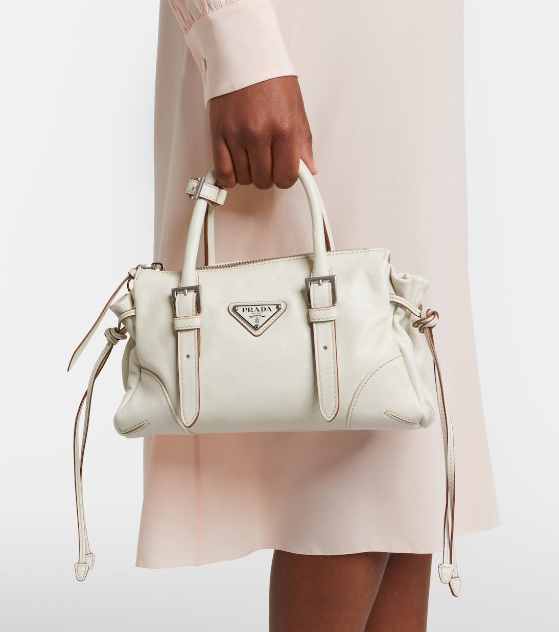 Prada Bonnie Small Leather Shoulder Bag in White, back — The Quiet Edition