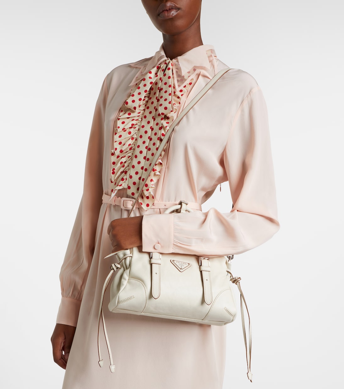 Prada Bonnie Small Leather Shoulder Bag in White, extra — The Quiet Edition