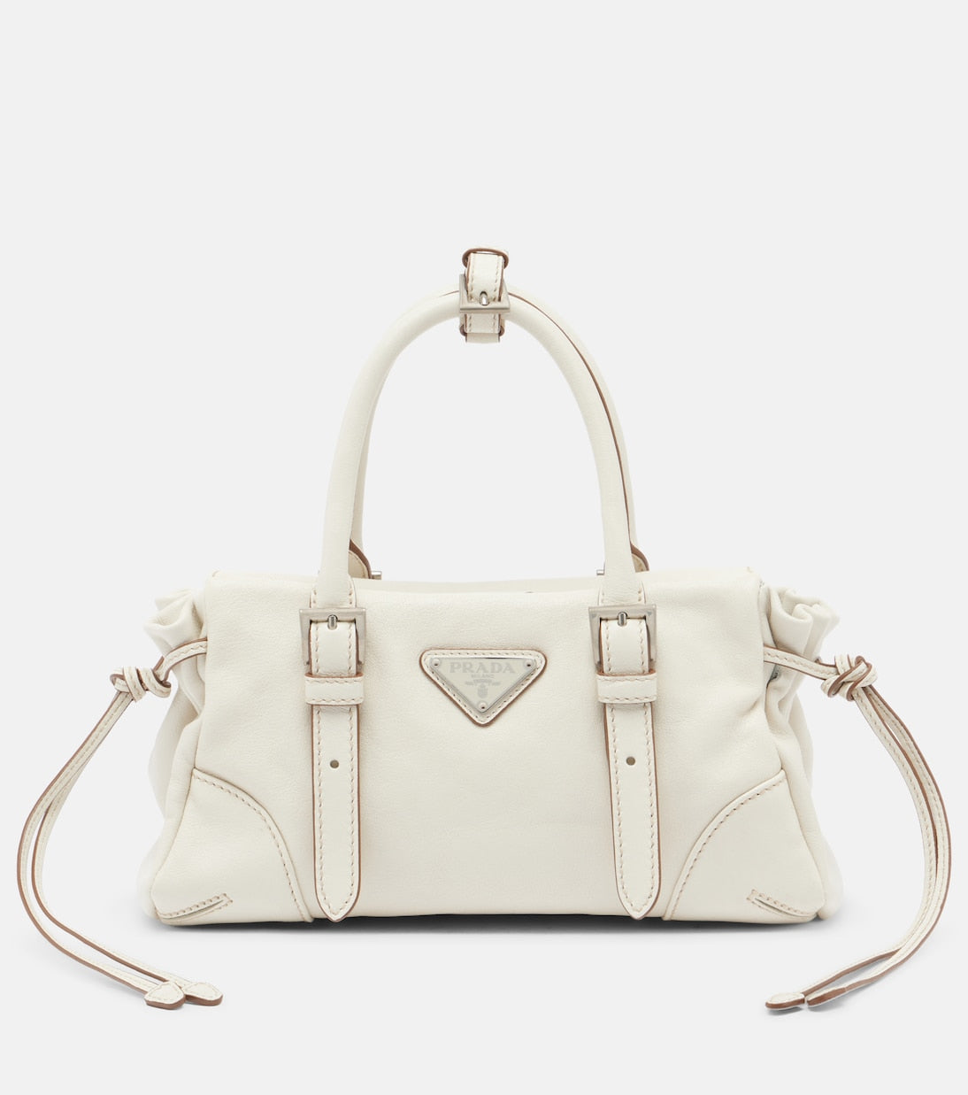 Prada Bonnie Small Leather Shoulder Bag in White, front — The Quiet Edition