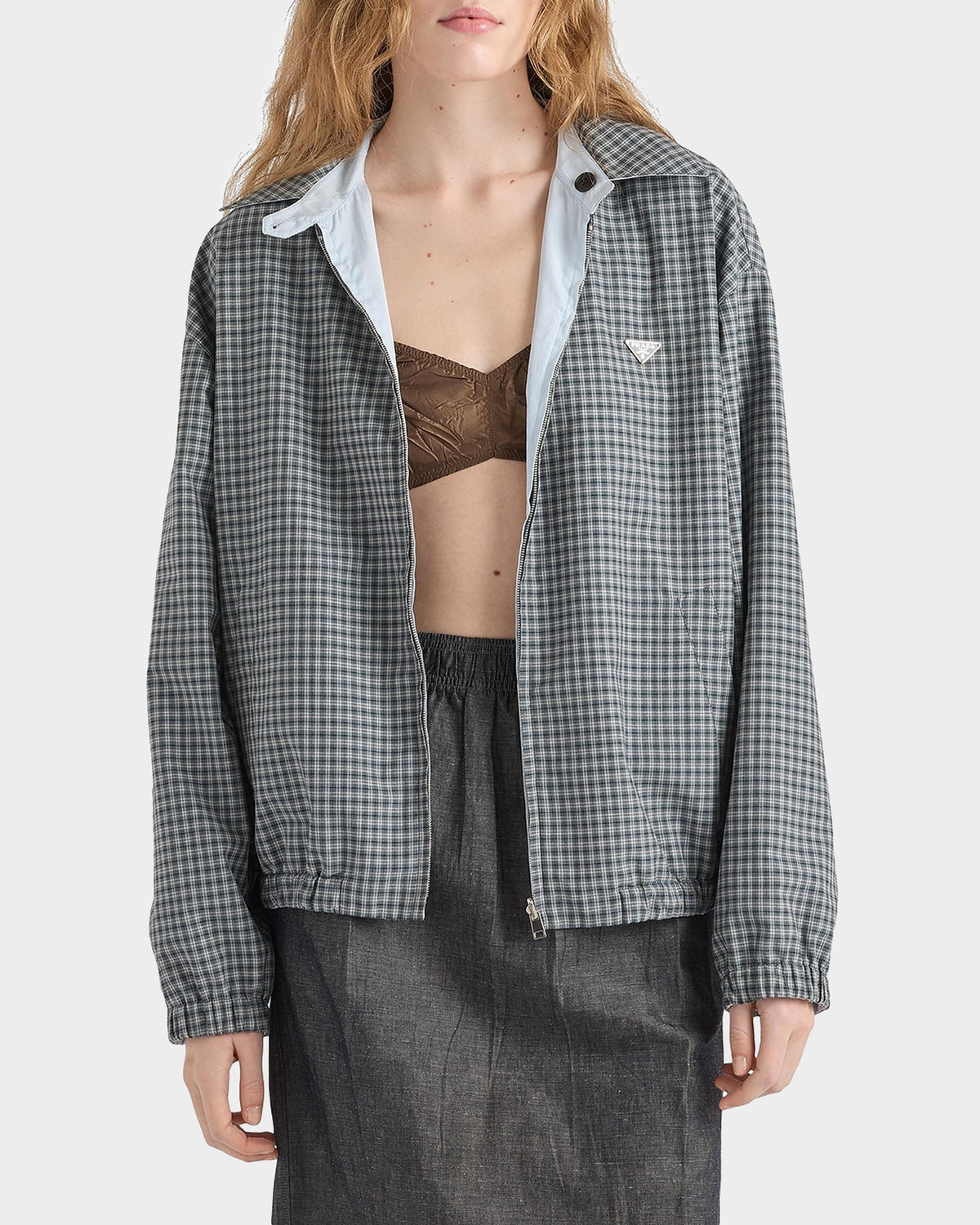 Prada Check Wool-Cotton Shirt Jacket in Grey, worn front view — The Quiet Edition