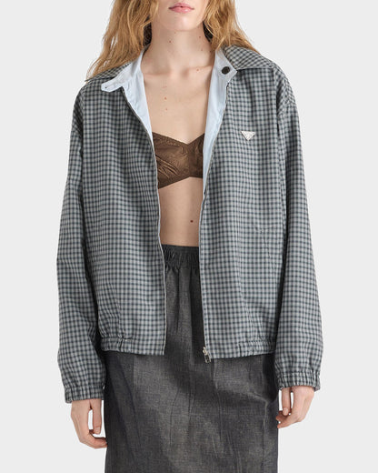 Prada Check Wool-Cotton Shirt Jacket in Grey, worn front view — The Quiet Edition