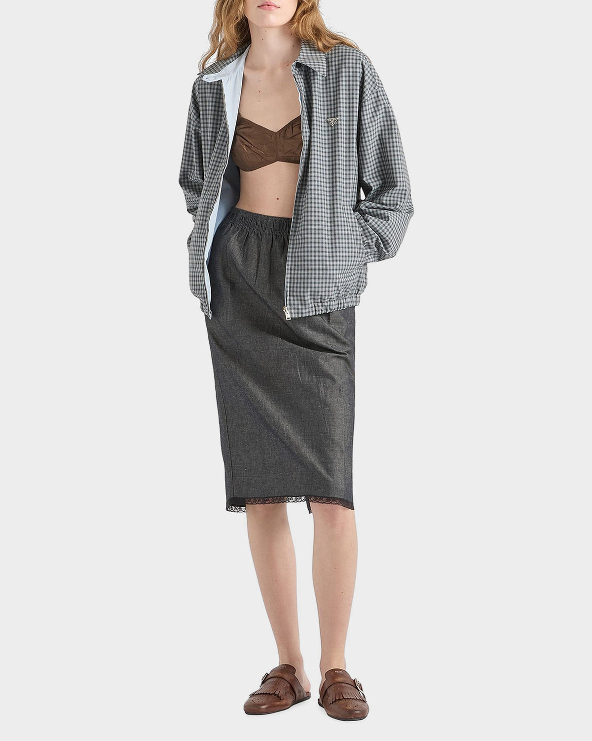 Prada Check Wool-Cotton Shirt Jacket in Grey, worn full-length view — The Quiet Edition