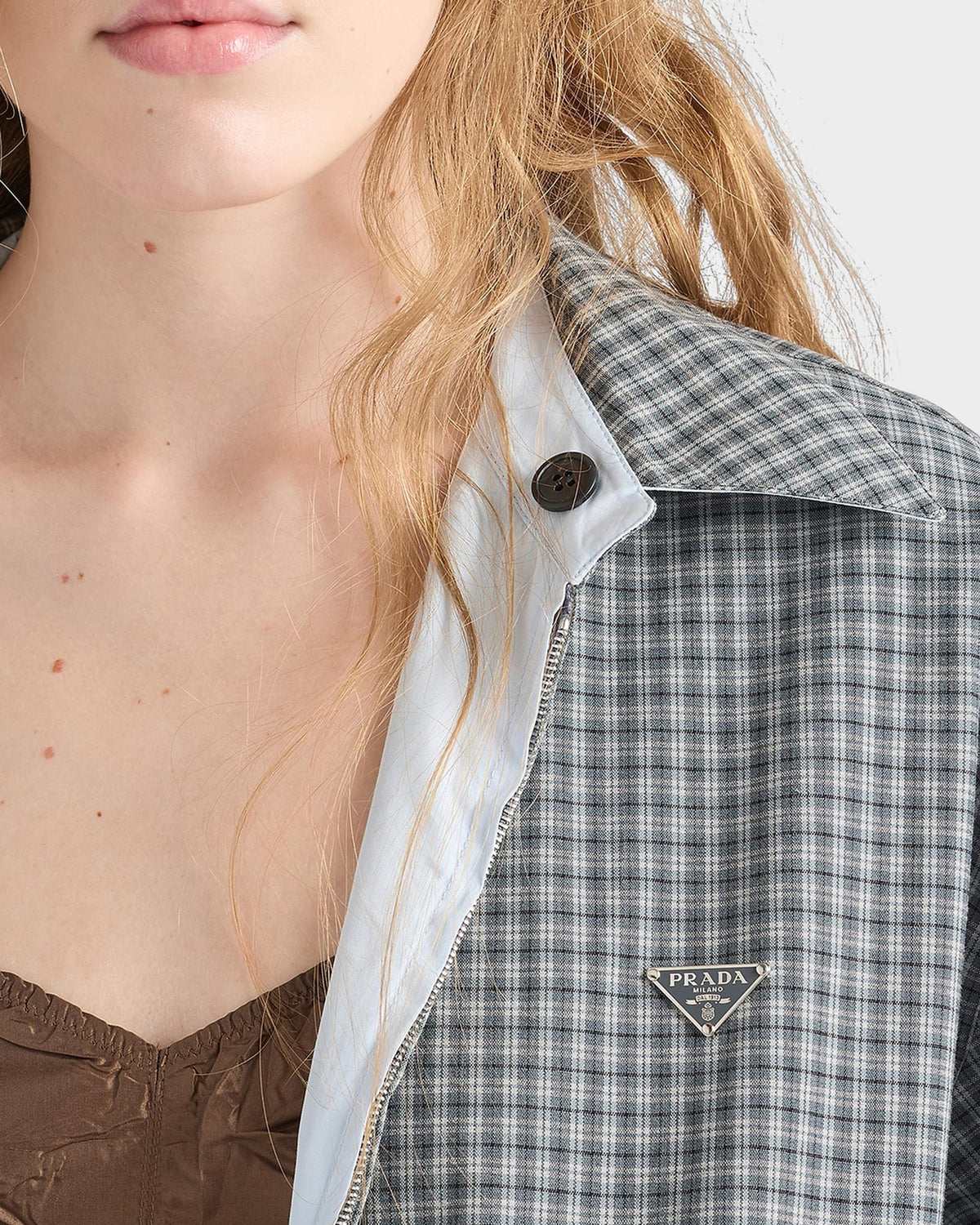 Prada Check Wool-Cotton Shirt Jacket in Grey, collar and triangle logo plaque detail — The Quiet Edition