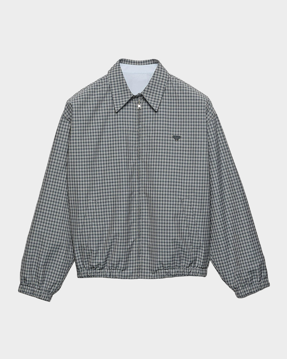 Prada Check Wool-Cotton Shirt Jacket in Grey, flat front view — The Quiet Edition