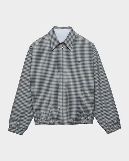 Prada Check Wool-Cotton Shirt Jacket in Grey, flat front view — The Quiet Edition
