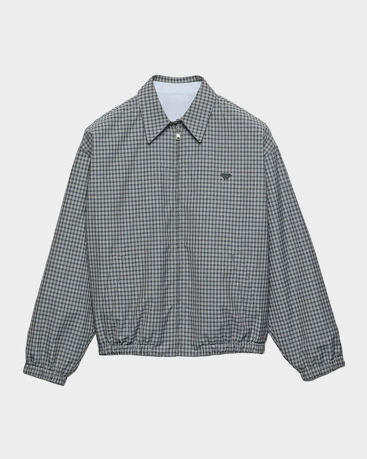 Prada Check Wool-Cotton Shirt Jacket in Grey, flat front view — The Quiet Edition