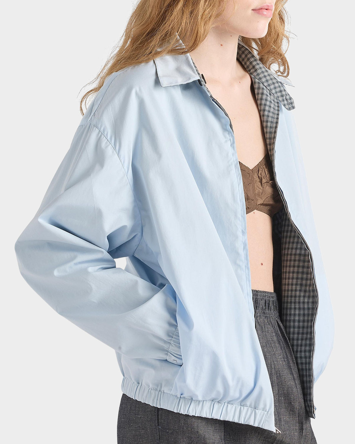 Prada Check Wool-Cotton Shirt Jacket in Grey, worn reversed with the pale blue side out — The Quiet Edition