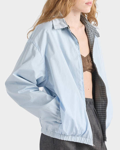 Prada Check Wool-Cotton Shirt Jacket in Grey, worn reversed with the pale blue side out — The Quiet Edition