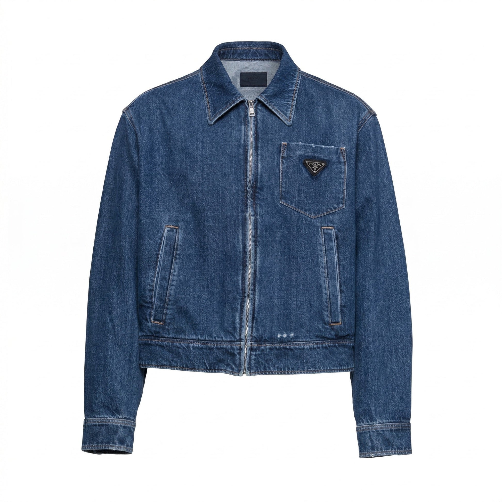 Prada denim blouson jacket in navy, front view — The Quiet Edition