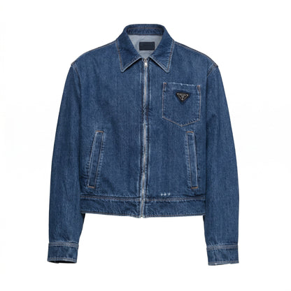 Prada denim blouson jacket in navy, front view — The Quiet Edition